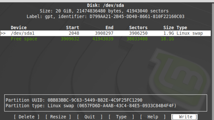 cfdisk command in Linux