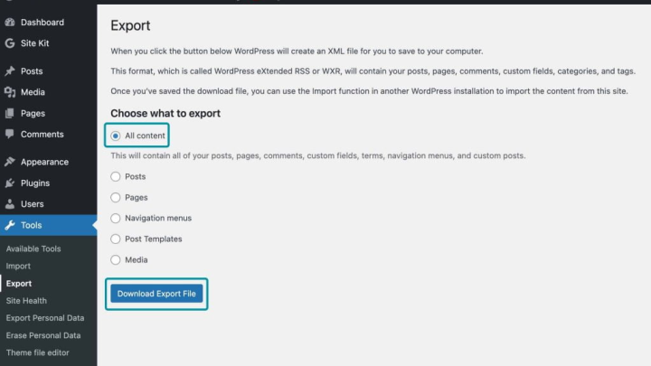 export wp contents