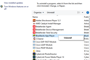 select uninstall to proceed